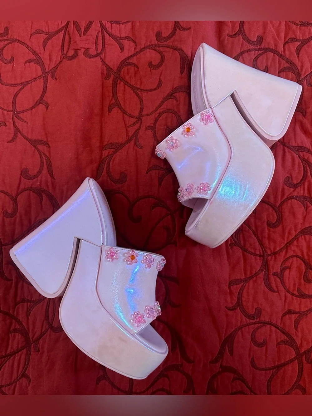Sugar Thrillz Iridescent Pink Platform Slide Sandals with Floral Gem Details